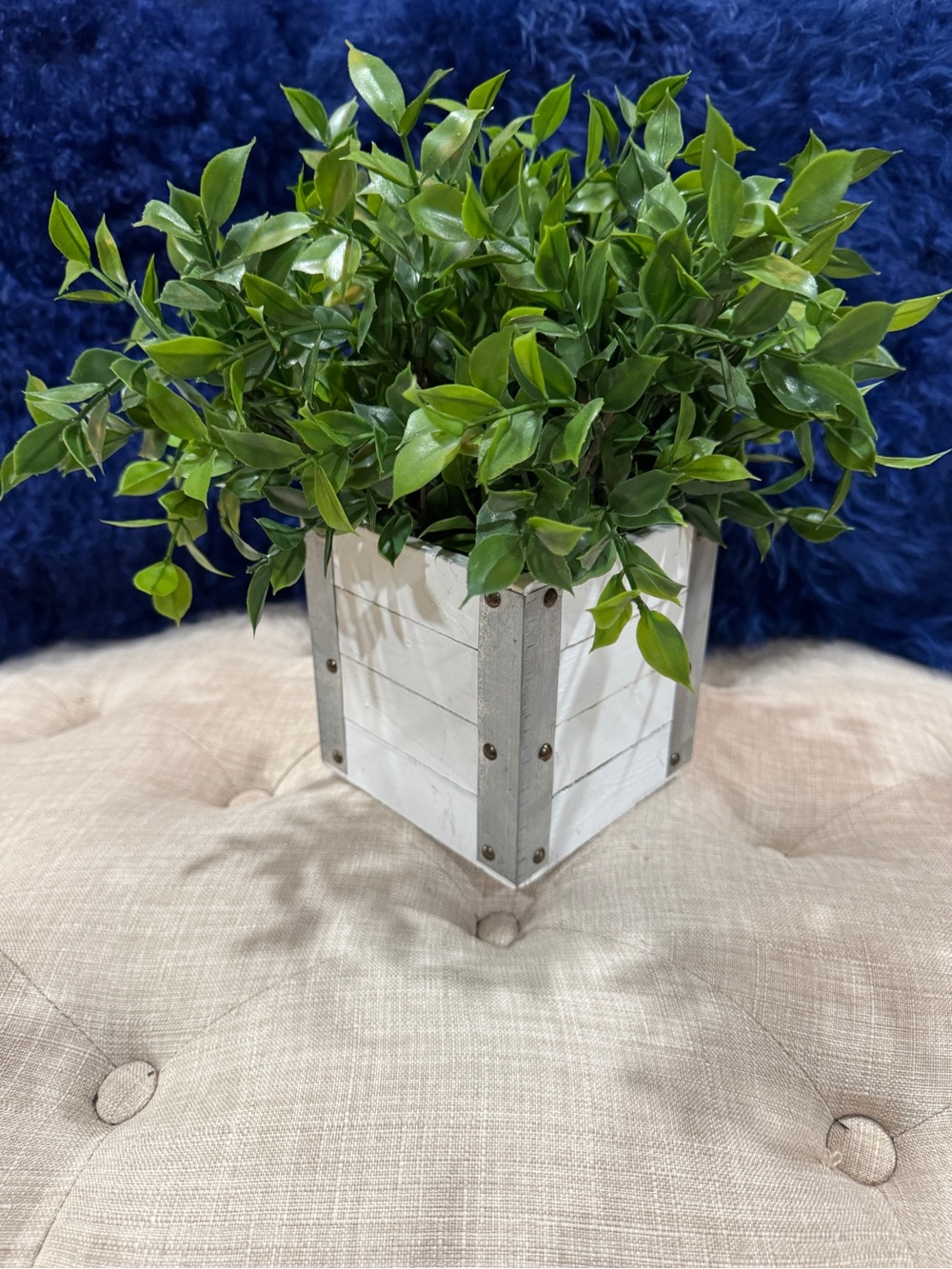 White Wood Crate Planter with Green Faux Foliage